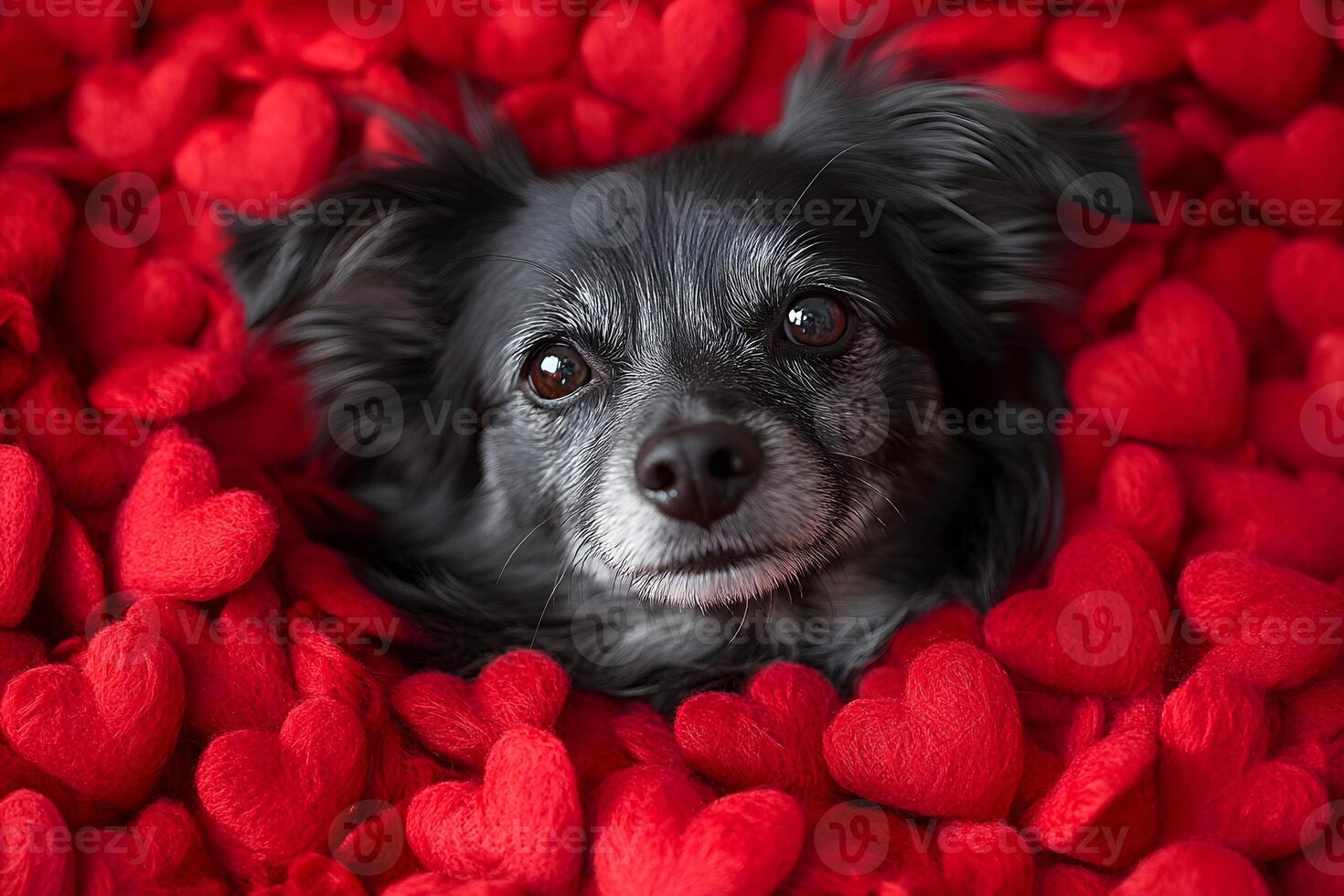 Adorable Black Dog Surrounded by Red Heart Plush Toys for Valentine's Day Love Concept photo