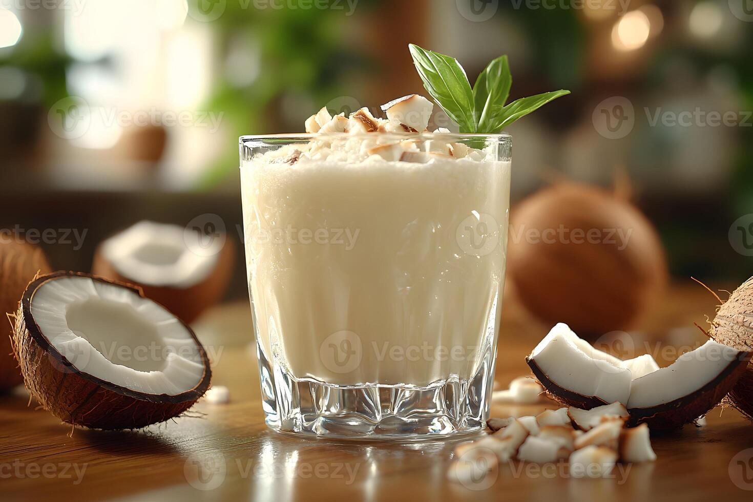 Tropical Coconut Smoothie Refreshment with Fresh Chunks in Sunlit Setting photo