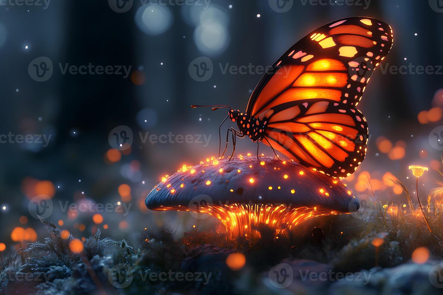 Magical Glow Butterfly on Luminous Mushroom in Enchanted Forest photo