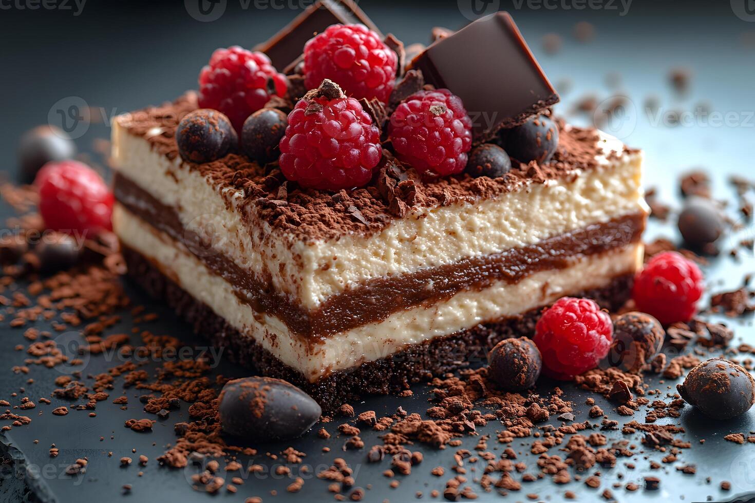 Gourmet Dessert with Chocolate, Raspberries, and Cream Layers - Perfect for Culinary Designs photo