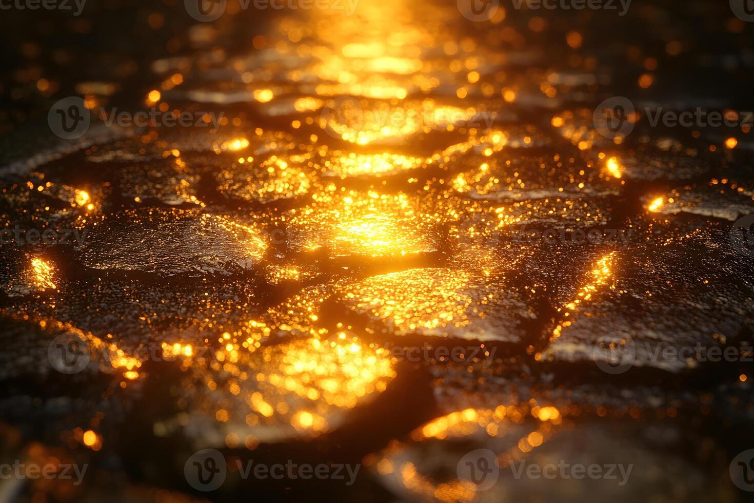 Golden Light Reflections on Wet Cobblestone Path at Sunset photo