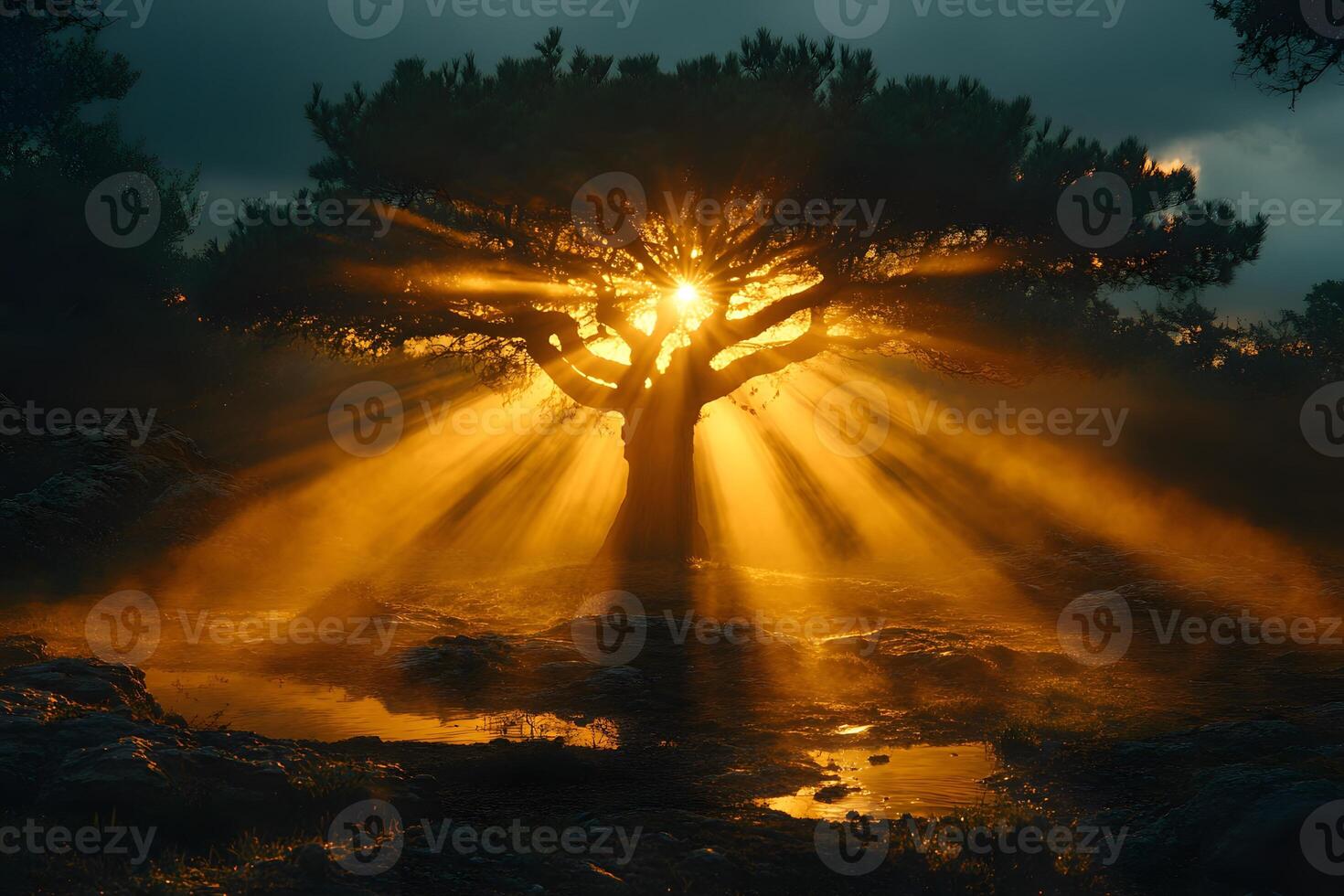 Sunlight Radiating Through Majestic Tree at Dusk for Tranquil Nature Scenes and Meditation Themes photo