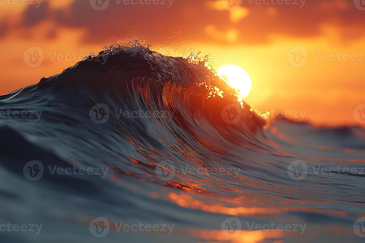 Dramatic Ocean Wave Against a Vibrant Sunset for Nature and Travel Designs photo