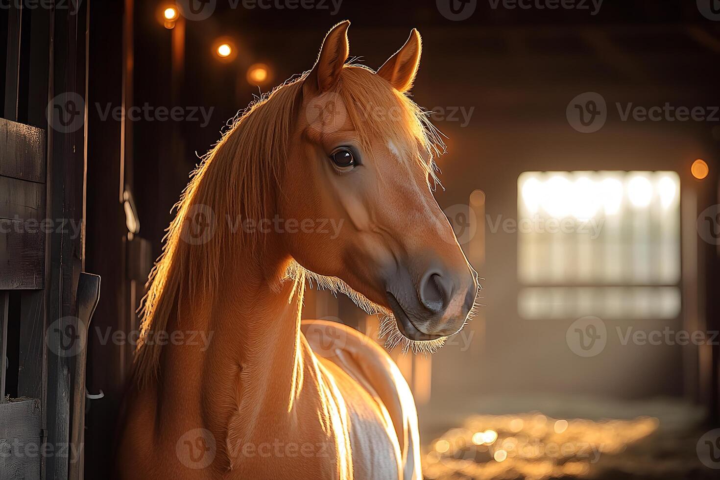 Elegant Horse in Sunlit Stable Serene Equine Beauty for Animal Photography Design photo