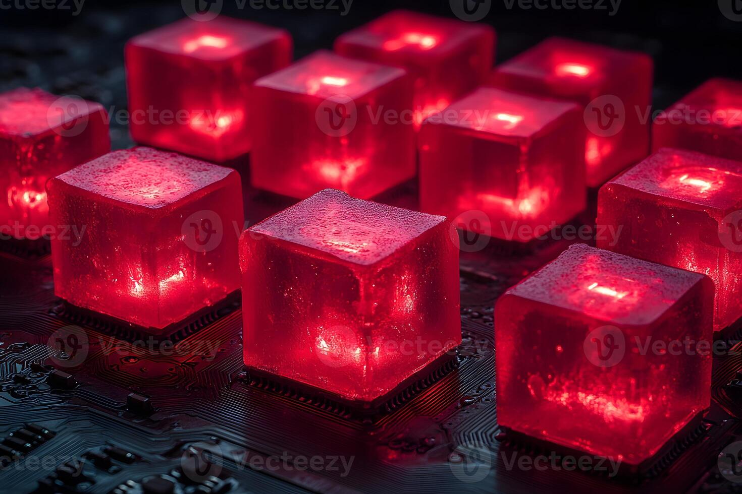 Futuristic Glowing Red Cubes on Circuit Board for Technology Innovation Concept photo