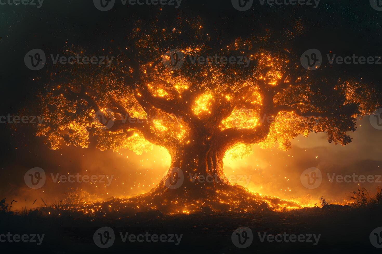 Enchanted Fiery Tree Mystical Nighttime Fantasy Scene for Visual Art Design photo