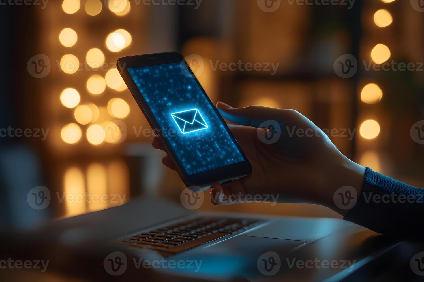 Digital Communication Concept with Smartphone Over Laptop and Glowing Email Icon photo