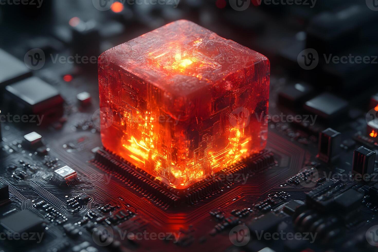 Futuristic Technology Chip with Glowing Red Core for Innovative Design Concepts photo