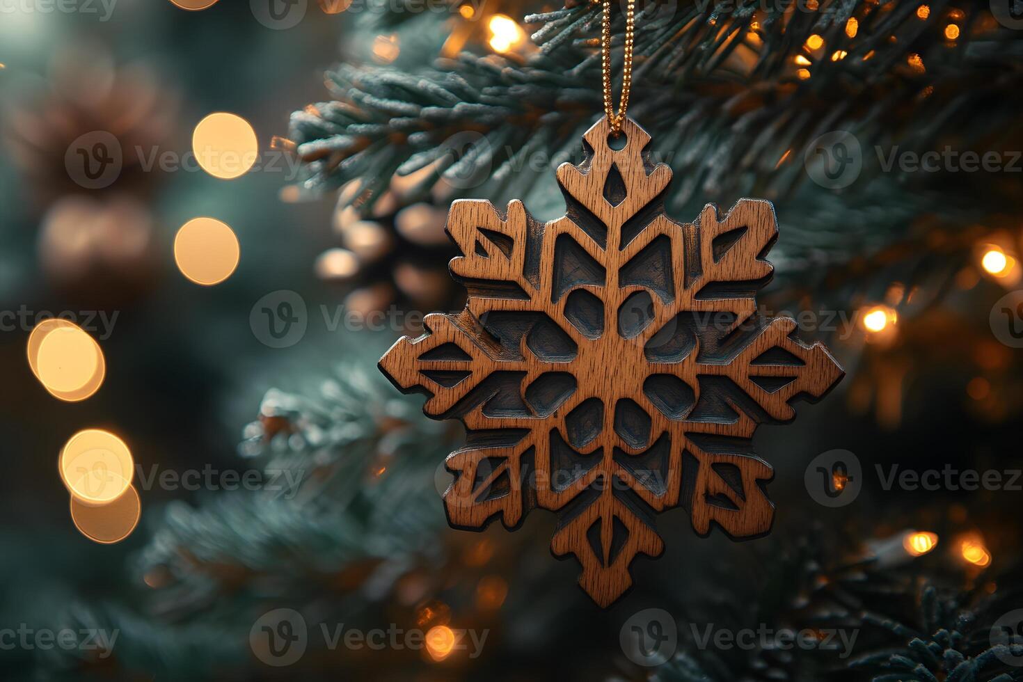 Rustic Wooden Snowflake Ornament on Christmas Tree with Warm Bokeh Lights photo