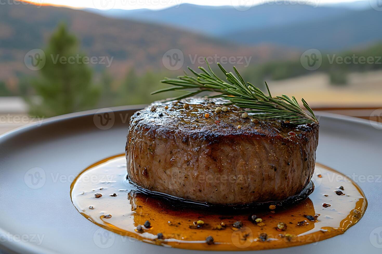 Gourmet Fillet Mignon with Rosemary Garnish in Scenic Mountain Setting - Perfect for Restaurant Menu Design photo