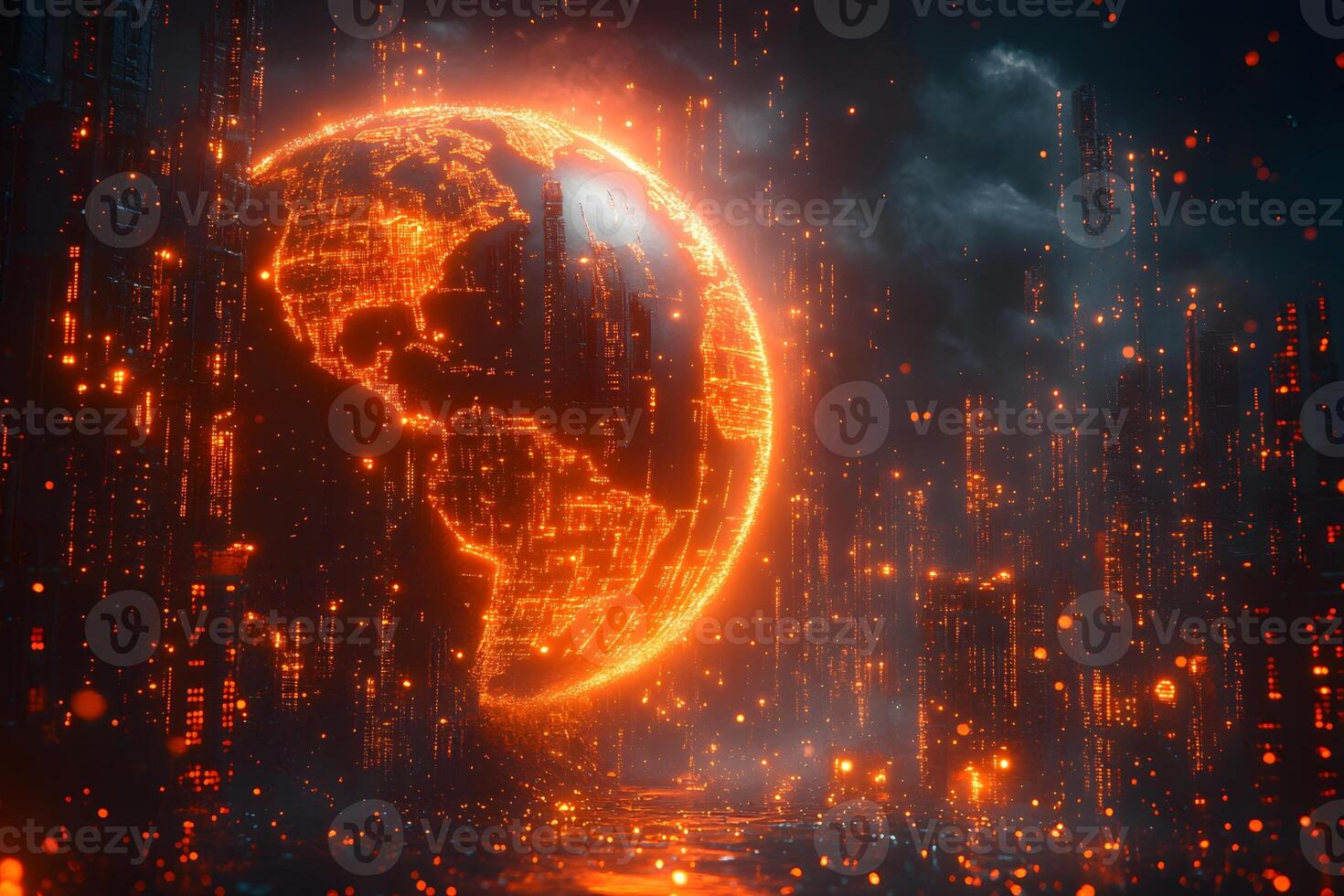 Futuristic Digital Earth in Neon Glow Surrounded by Virtual Cityscape for Technology Design photo