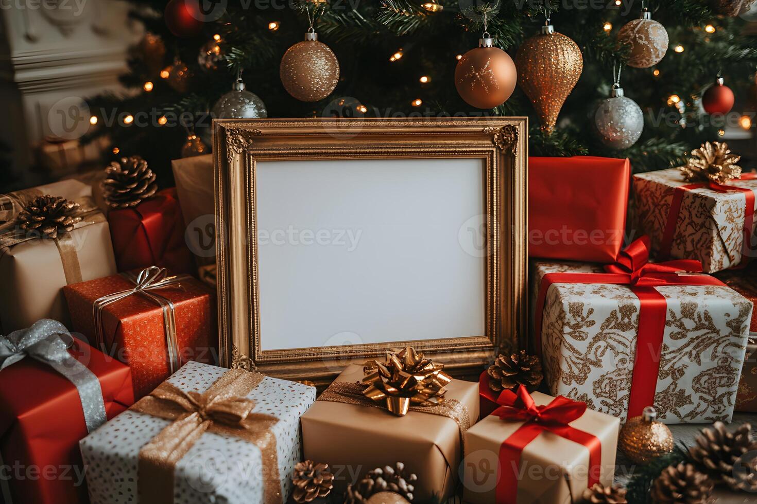 Holiday Gift Display Christmas Presents and Elegant Empty Frame for Seasonal Design photo