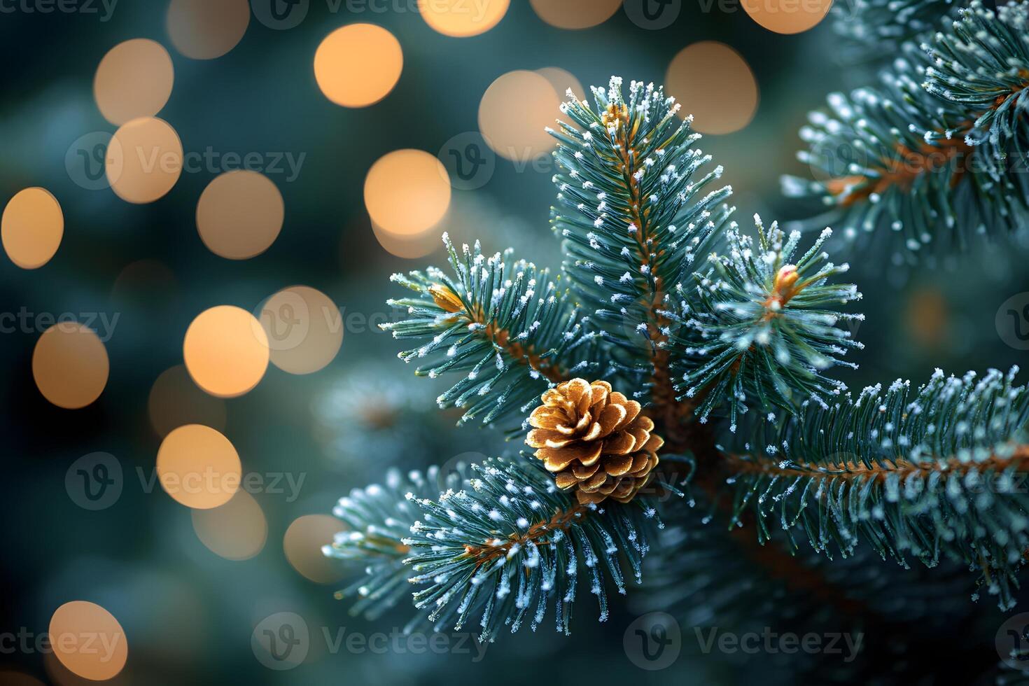 Festive Pine Branch with Frosted Bokeh Lights - Winter Holiday Design photo
