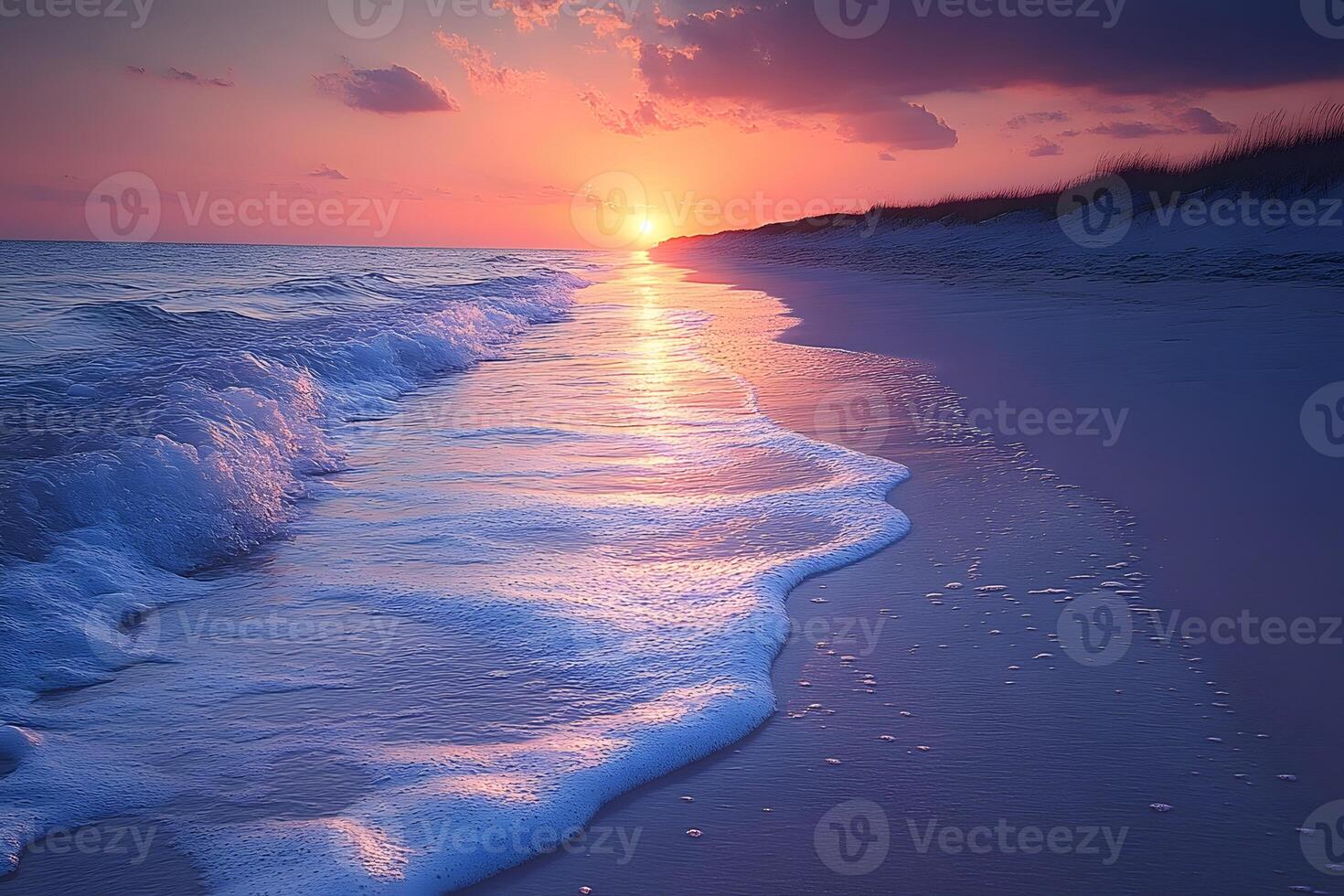 Serene Beach Sunset with Gentle Waves and Vibrant Sky for Tranquility and Nature Themes photo