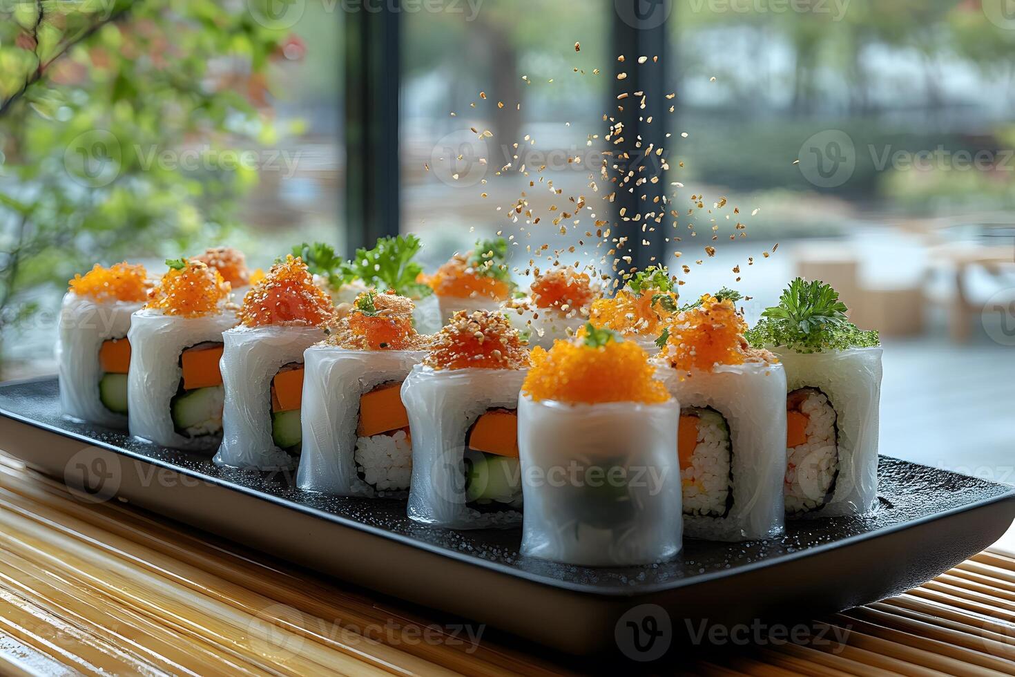 Gourmet Sushi Rolls with Roe and Fresh Herbs in Elegant Presentation for Culinary Inspiration photo