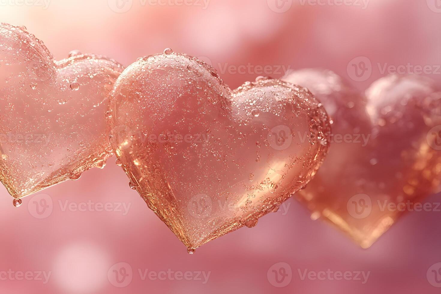 Romantic Pink Glass Hearts with Water Droplets for Valentine's Day Design photo