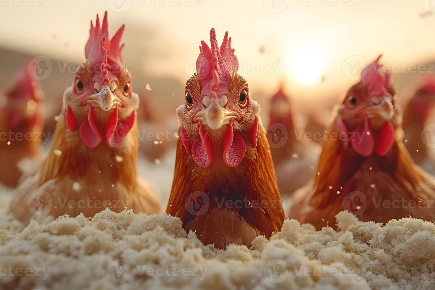 Close-Up of Chickens in Farm Setting at Sunset for Agricultural Themes photo
