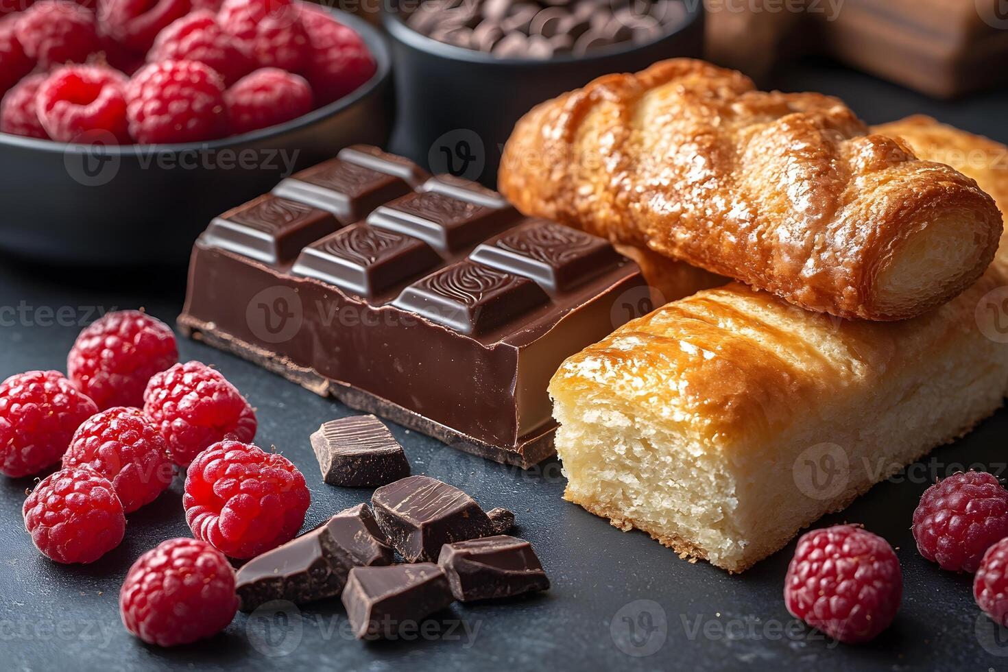 Fresh Raspberries with Chocolate and Pastry - A Tempting Dessert Spread for Culinary Inspiration photo