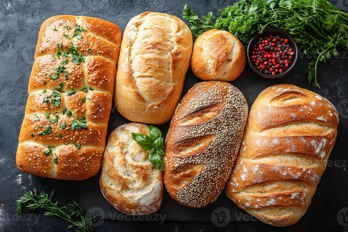 Assorted Fresh Artisan Breads with Herbs and Spices for Culinary Background and Design photo