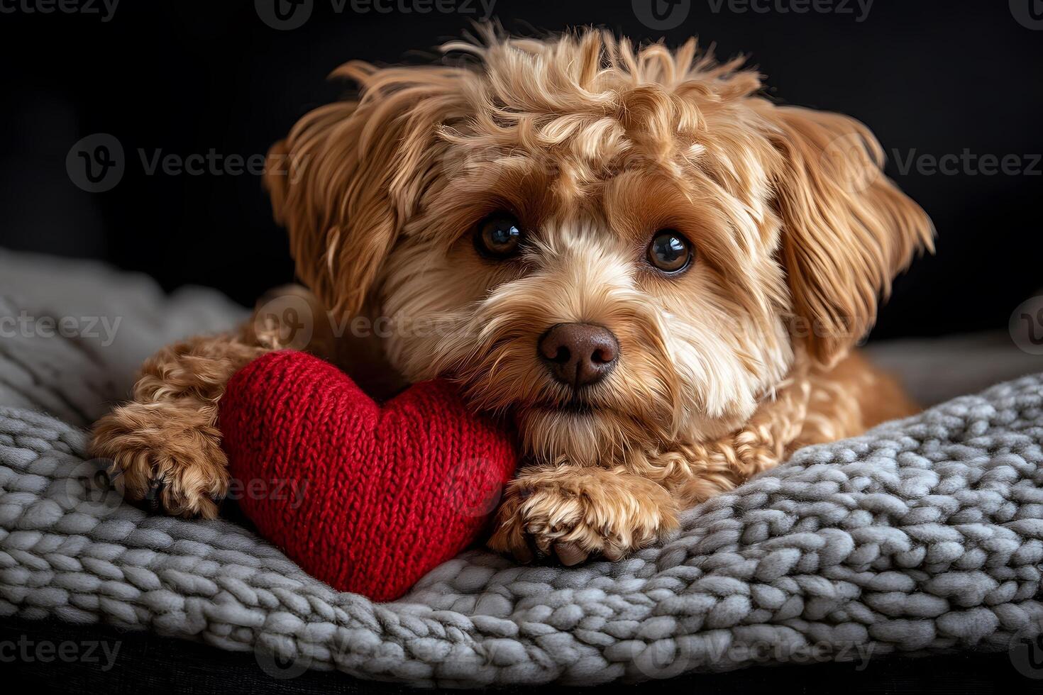 Adorable Dog with Red Heart on Cozy Knit Blanket - Love and Companionship Concept photo