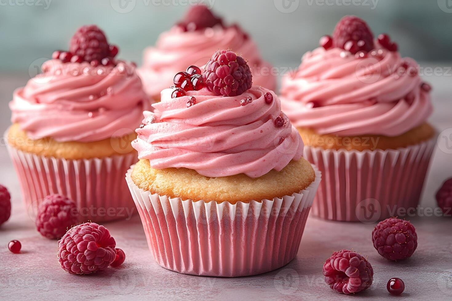 Delicious Raspberry Cupcakes with Pink Frosting for Dessert and Celebration Themes photo