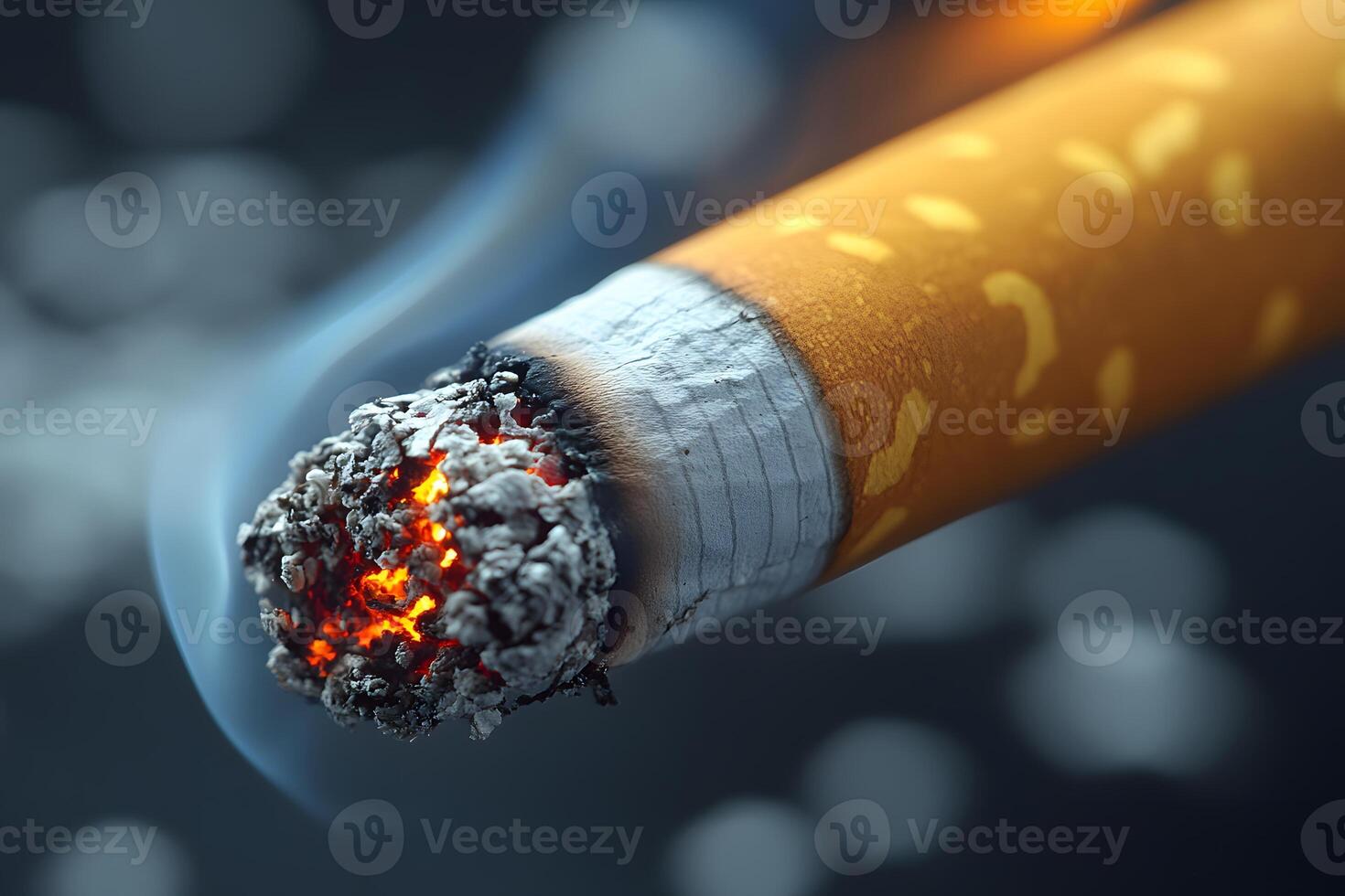 Close-Up of Lit Cigarette with Glowing Ember and Smoke for Anti-Smoking Campaigns photo