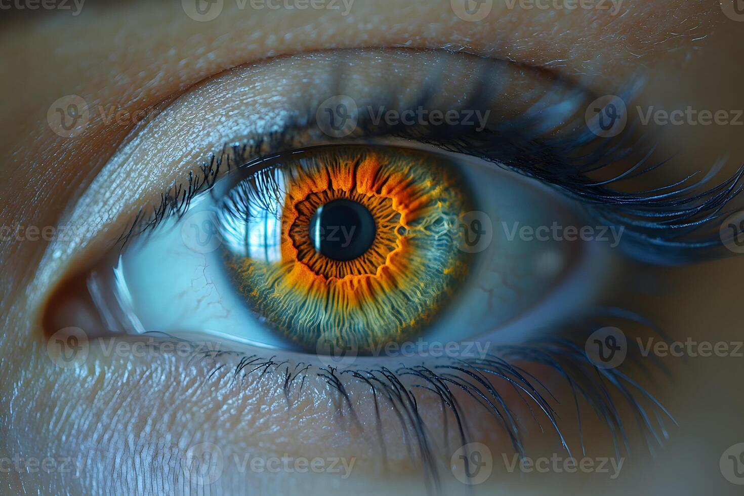 Close-Up of a Vibrant Orange and Blue Human Eye for Vision and Health Concepts photo