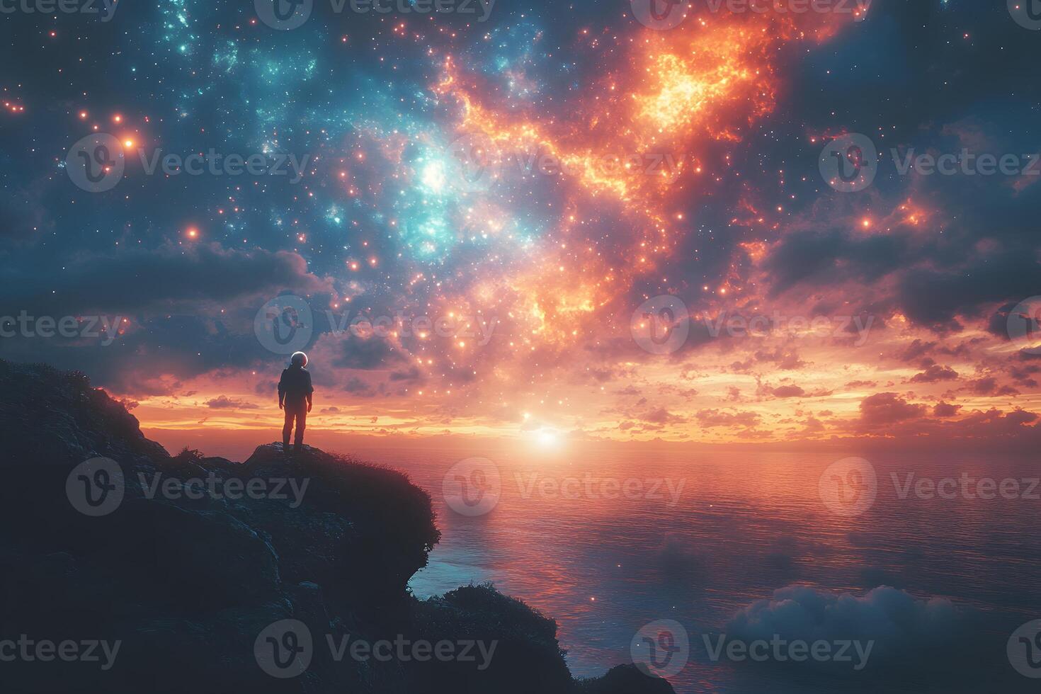 Stargazing Adventure Surreal Cosmic Landscape with Fiery Sky and Ocean View for Dreamy Poster photo