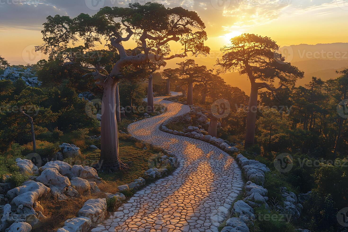 Serene Sunset over Cobblestone Path in Exotic Forest Landscape photo
