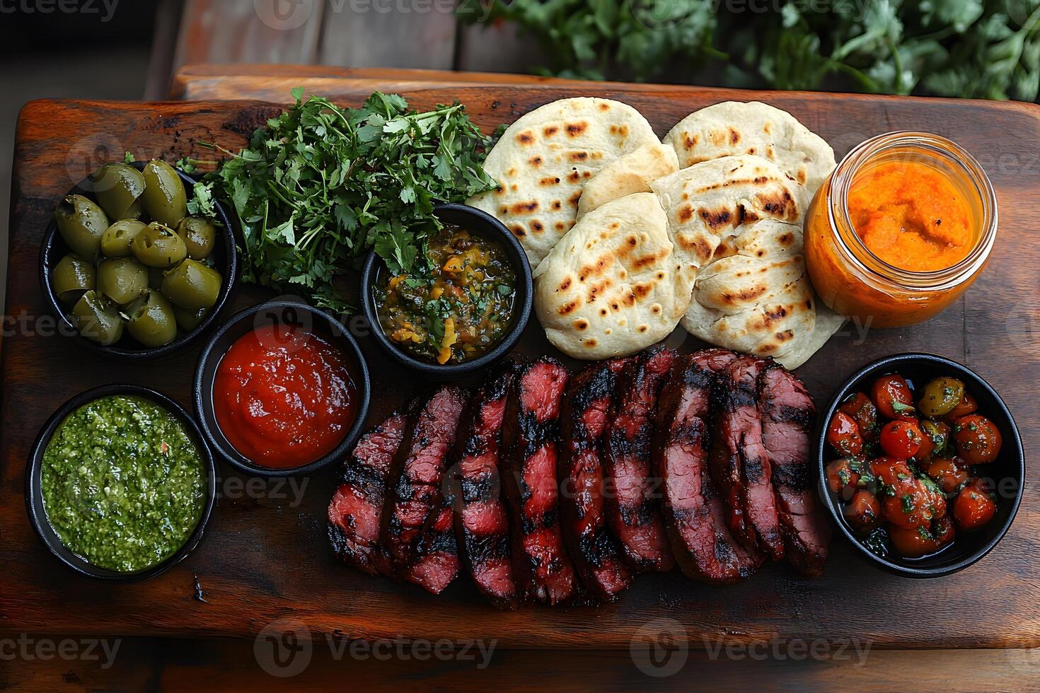 Grilled Steak Platter with Chimichurri, Olives, and Pita Bread for a Mediterranean Feast photo