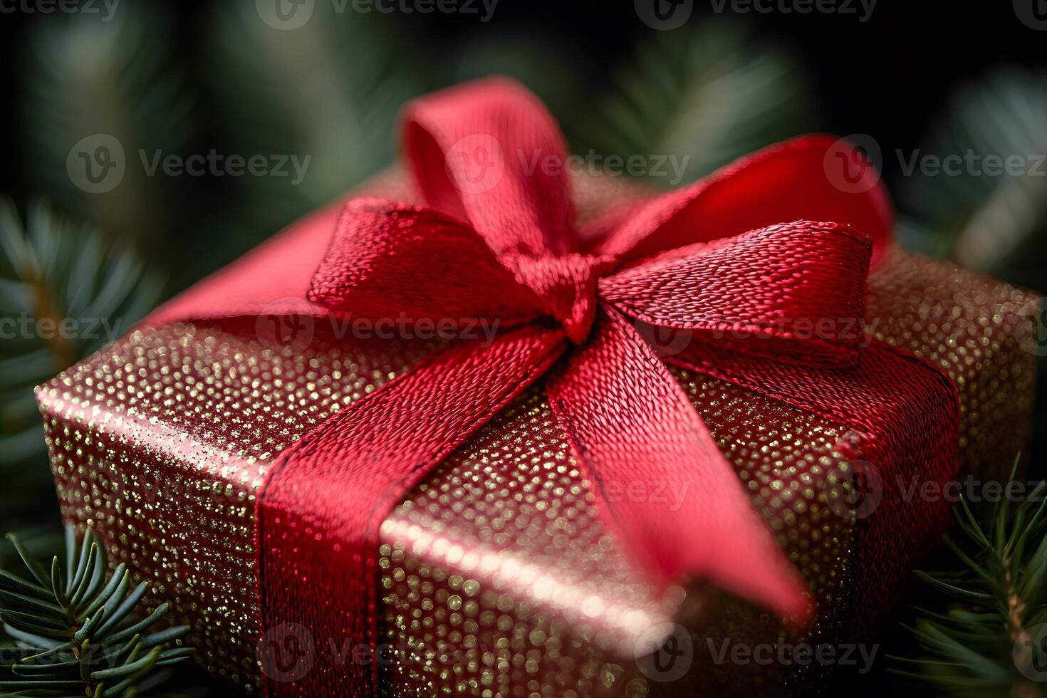 Sparkling Holiday Gift with Red Ribbon Among Evergreen Branches for Festive Celebrations photo