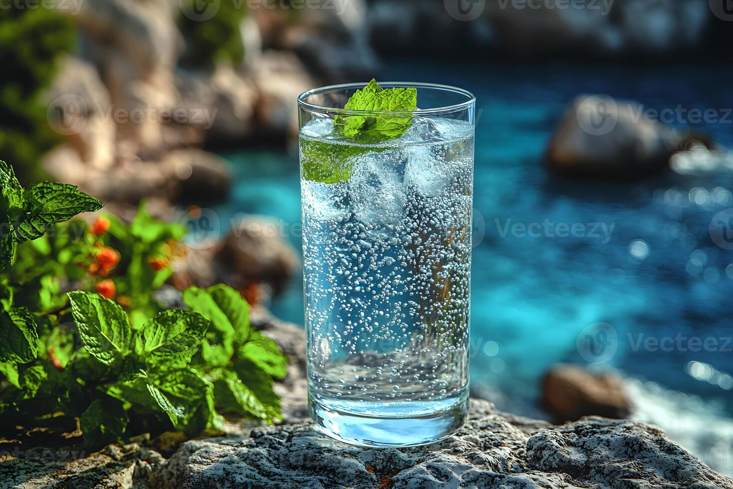Refreshing Sparkling Water with Mint on Rocky Seaside - Ideal for Summer Relaxation photo
