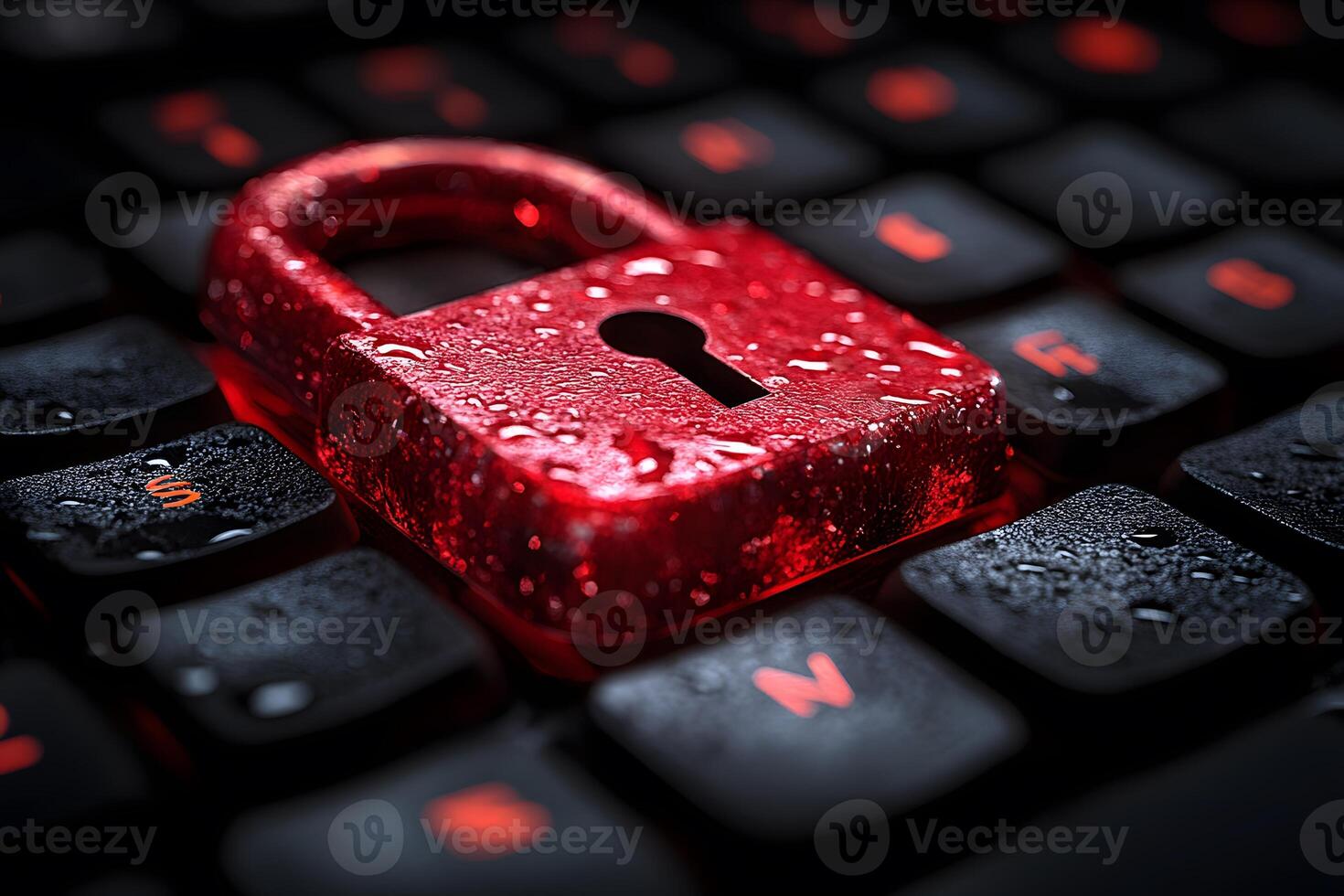 Cybersecurity Concept Red Padlock on Wet Keyboard for Security Awareness Poster photo