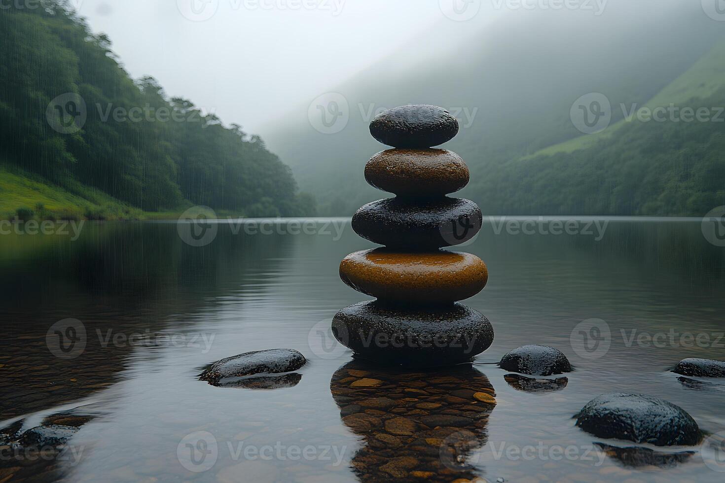 Zen Stone Stack by Misty Lake for Meditation and Serenity photo
