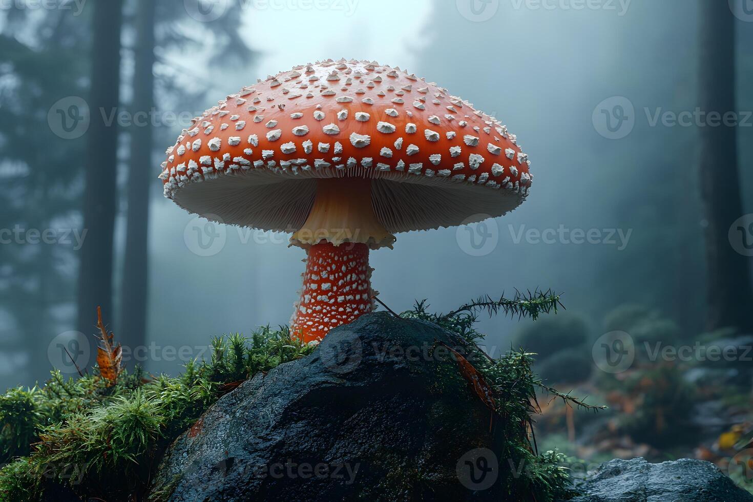 Misty Forest Scene with Vibrant Amanita Mushroom on Mossy Rock photo