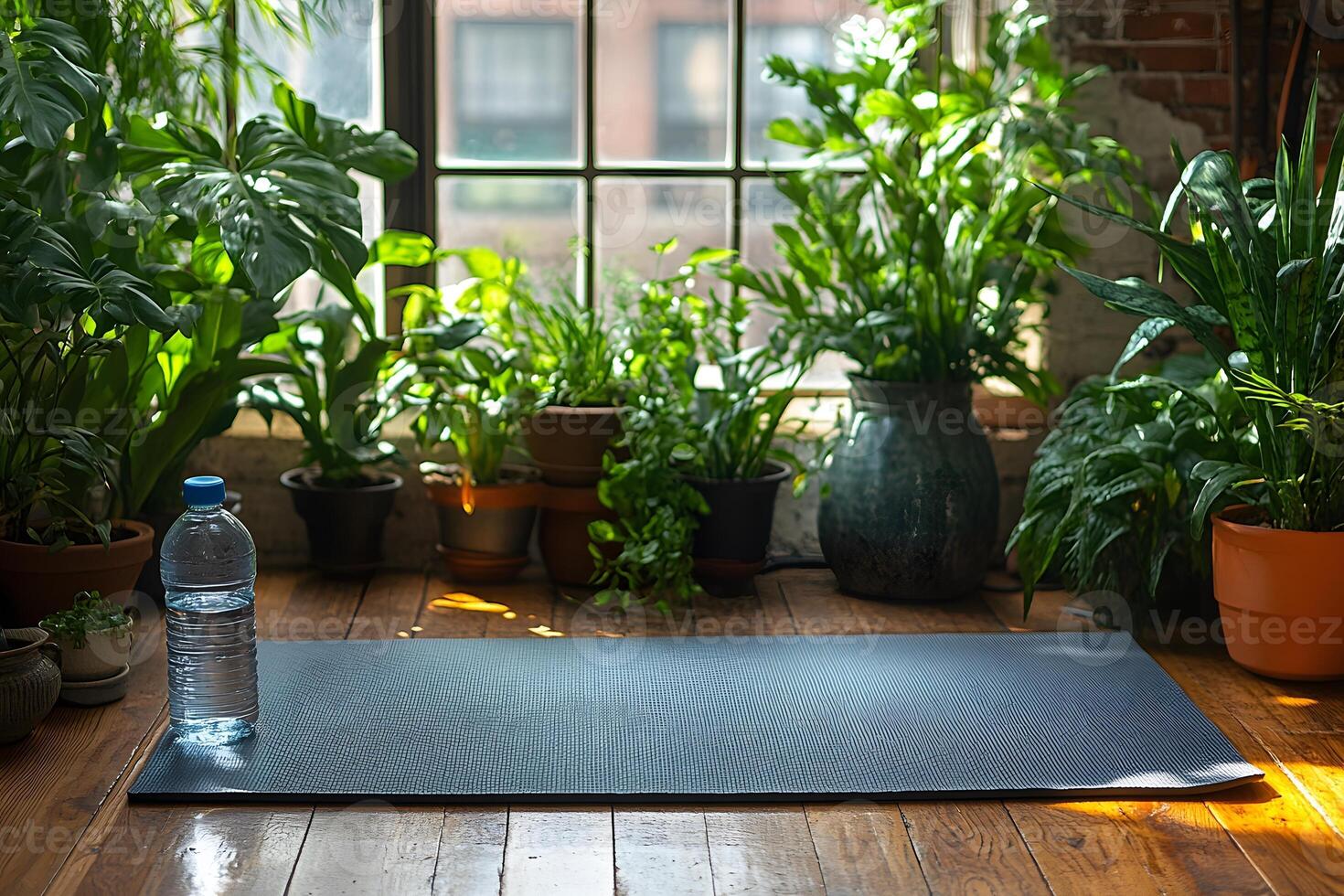 Indoor Yoga Retreat Serene Mat and Vibrant Greenery for Wellness Inspiration photo