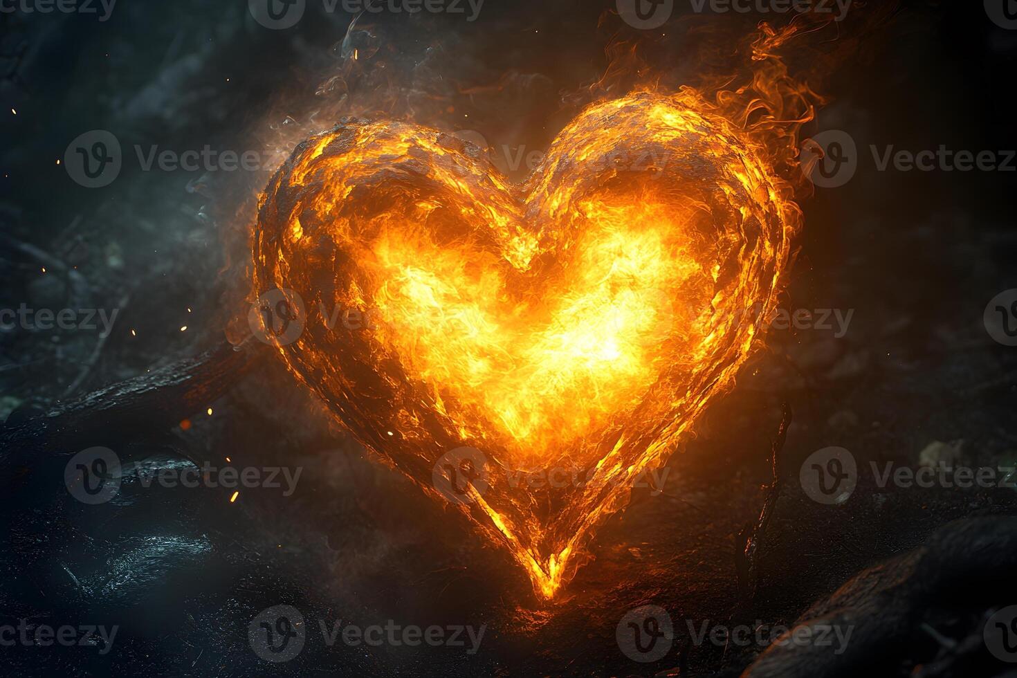 Fiery Heart Ablaze in Dark Forest Setting - Concept of Passion and Energy photo
