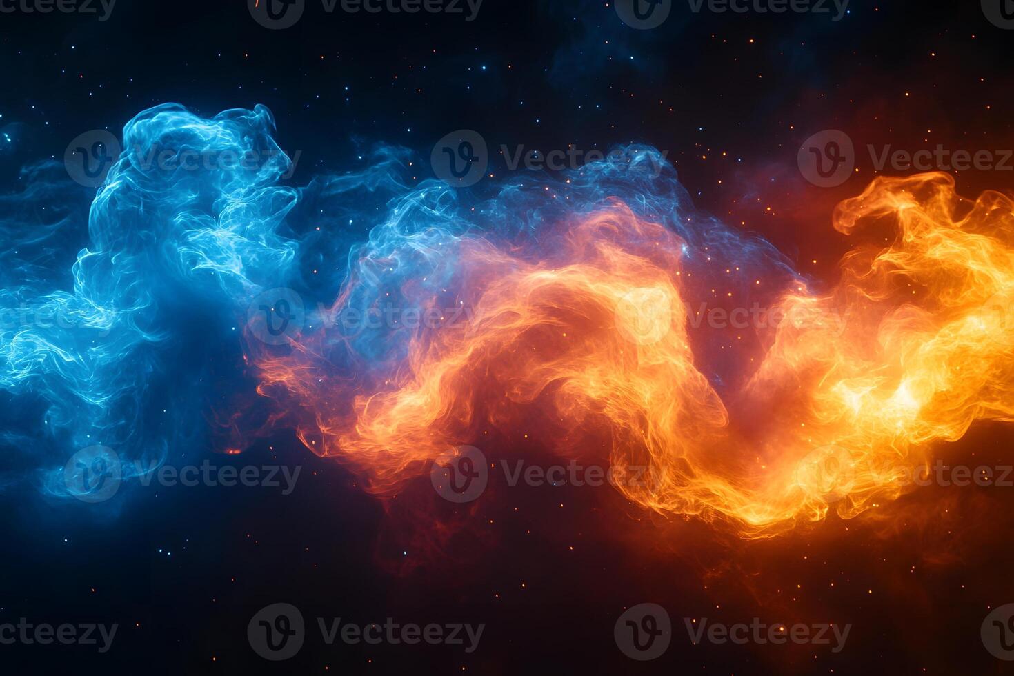 Dynamic Blue and Orange Nebula Clouds Merging in a Starry Space Scene photo