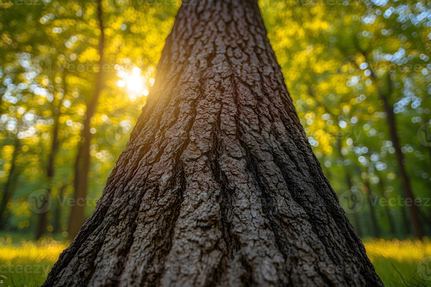 Serene Forest Scene with Sunlight Streaming Through Trees Perfect for Nature and Relaxation Themes photo