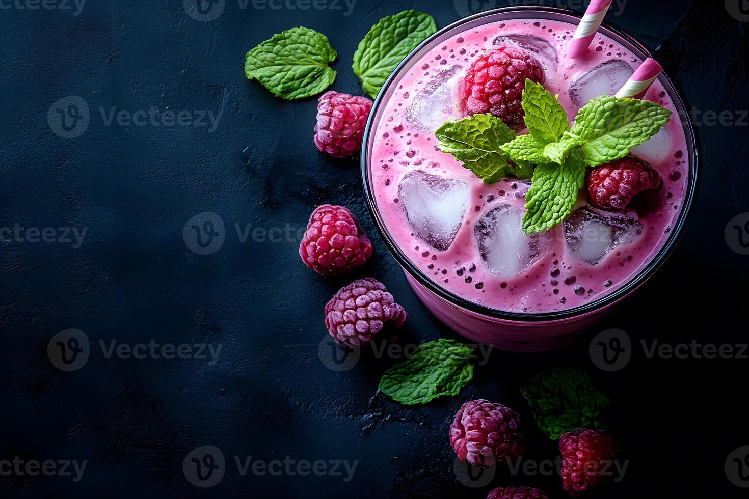 Refreshing Raspberry Smoothie with Mint and Ice on Dark Background for Beverage Design photo