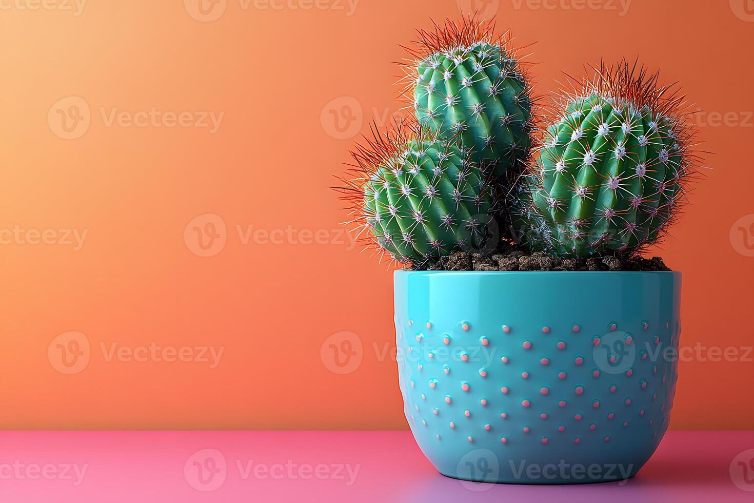 Vibrant Cactus in Textured Turquoise Pot Against Gradient Orange Background for Modern Decor photo