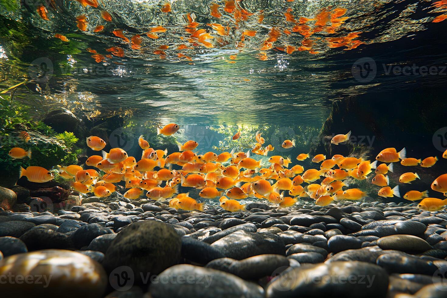 Vibrant Underwater Scene with Orange Fish in a Sunlit Freshwater River photo