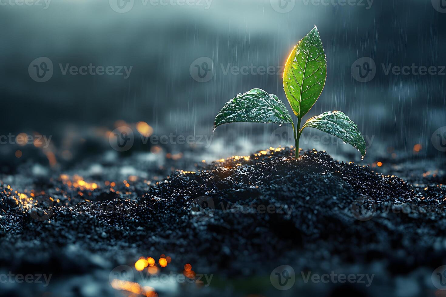Growth and Renewal New Plant in Rain Reflecting Nature's Resilience and Vitality photo