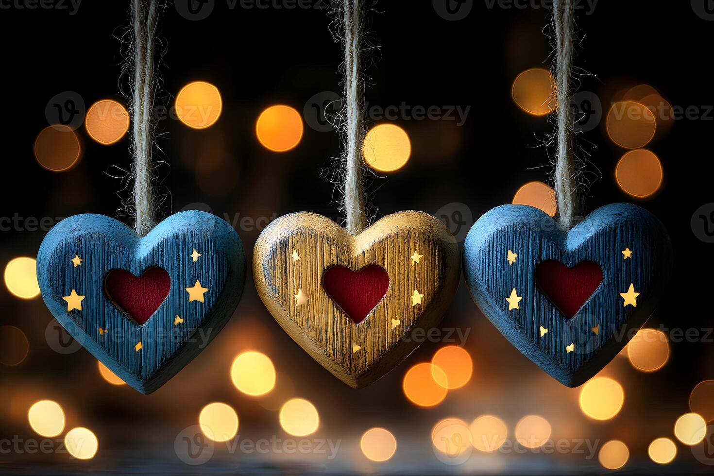 Rustic Heart Decorations with Festive Bokeh Lights for Valentine's Day or Anniversary photo
