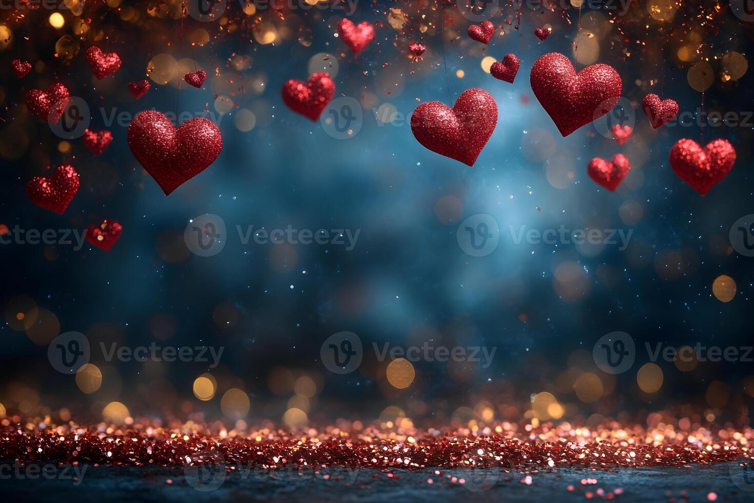 Romantic Valentine's Day Background with Floating Glitter Hearts for Love-Themed Designs photo