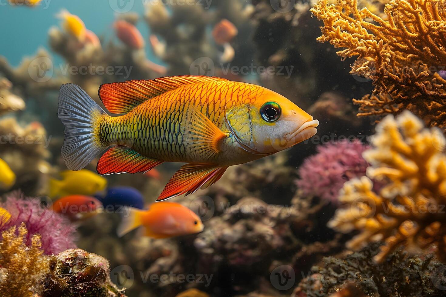 Vibrant Coral Reef Scene with Colorful Tropical Fish for Ocean Life Print Design photo