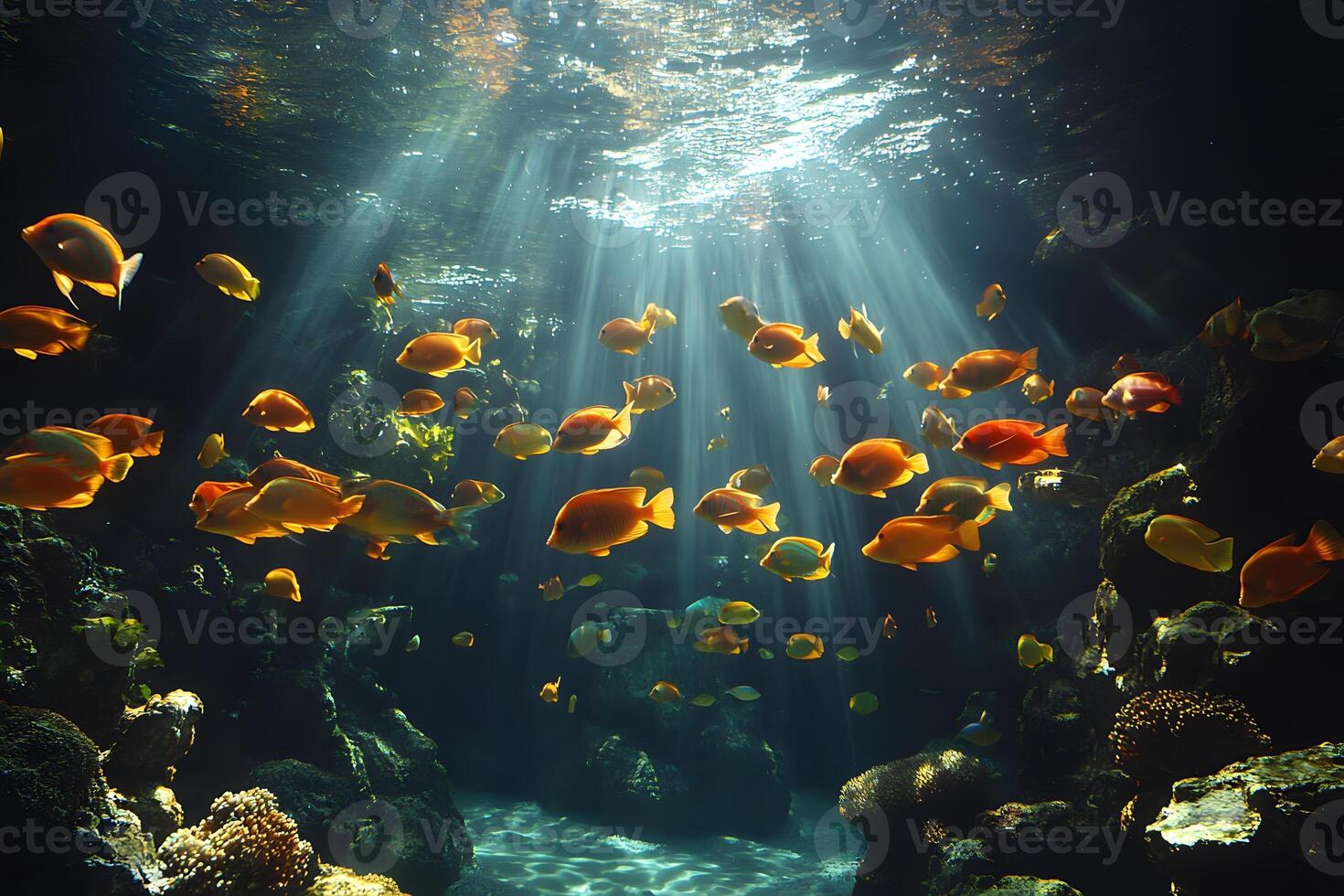 Sunlit Coral Reef Aquarium Scene with Vibrant Fish Swarming in Rays photo