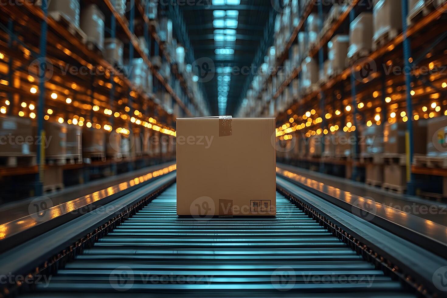Warehouse Logistics and Automation Cardboard Box on Conveyor Belt photo