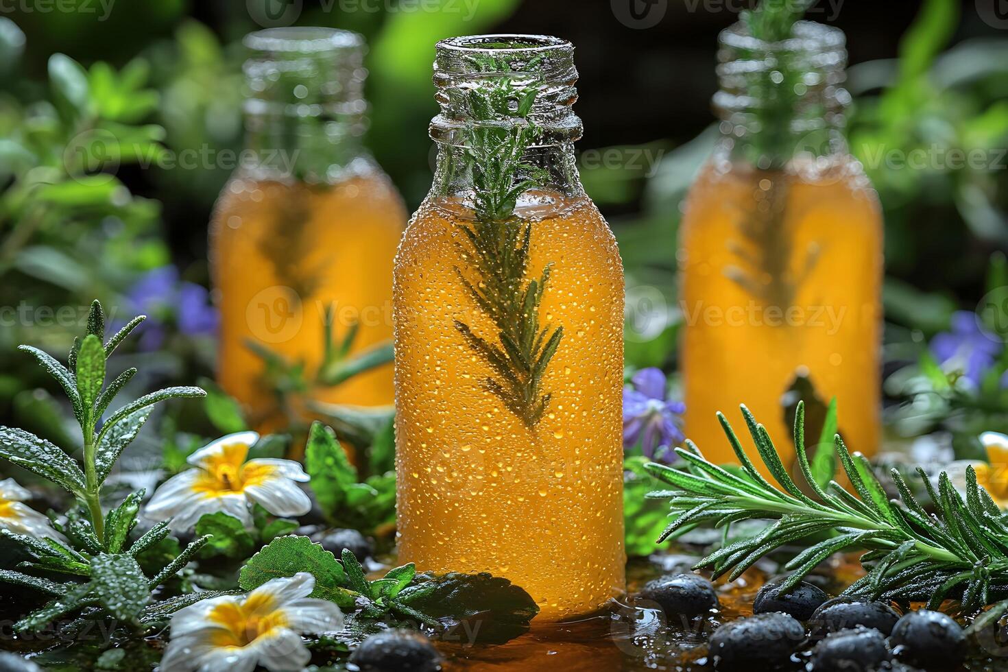 Herbal Infused Bottles with Rosemary and Fresh Flora for Natural Wellness Design photo