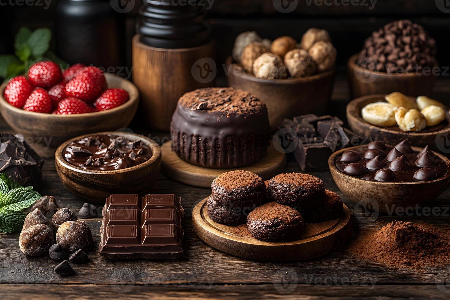Assorted Chocolate Desserts and Fresh Fruits on Rustic Wooden Table Setting photo